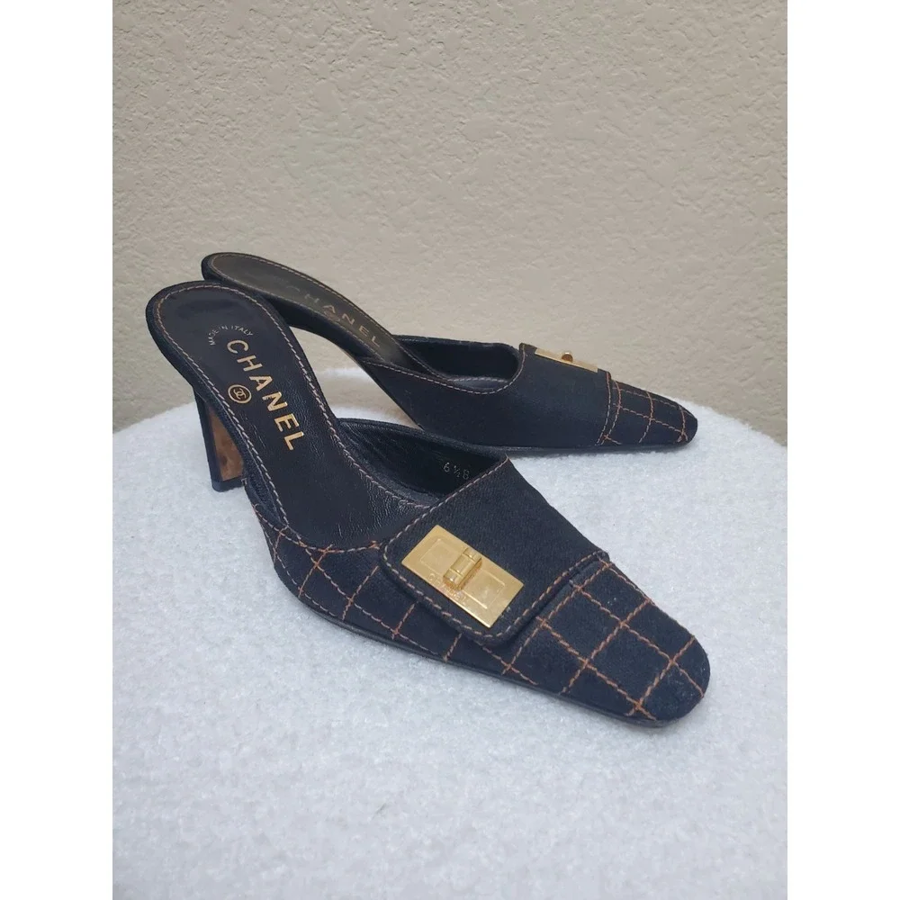 Vintage Y2K Chanel quilted mules, women's size 36.5, with Mademoiselle clasp.